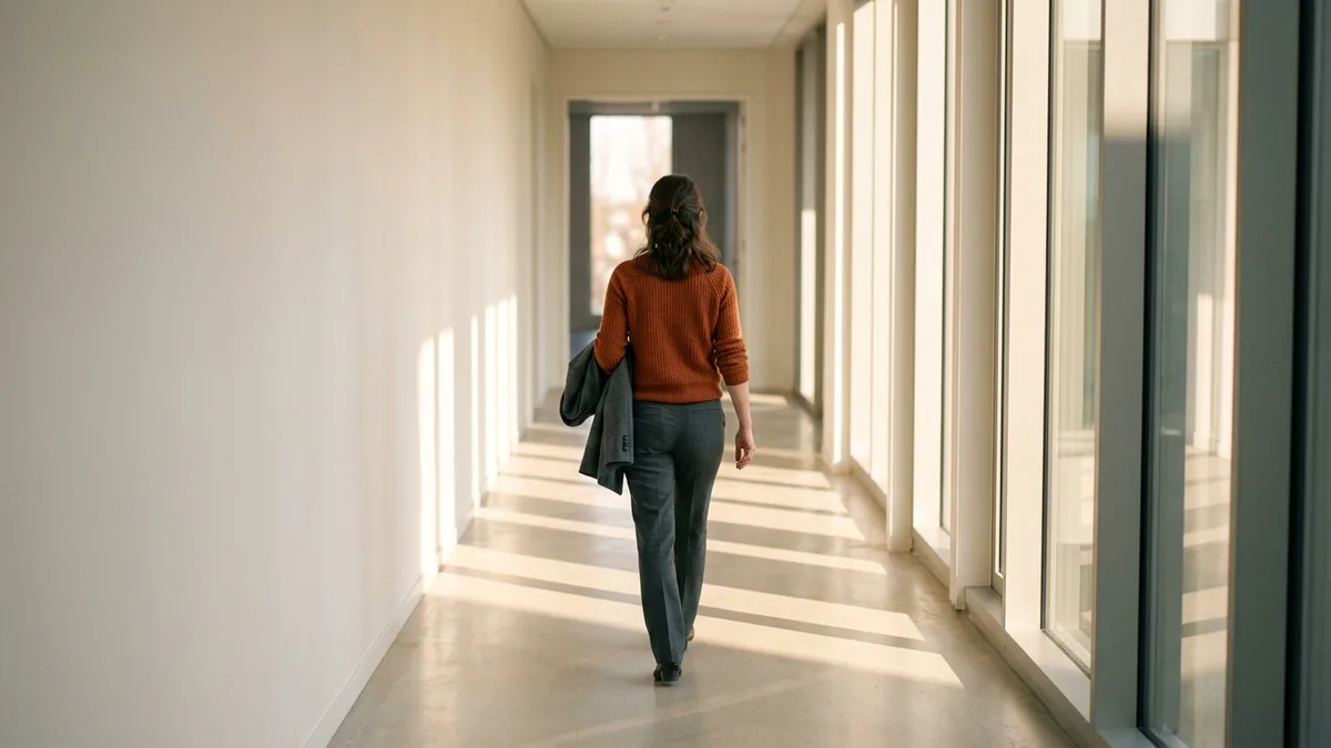 Senior engineer walking alone down a sunlit office corridor after a staff engineer promotion that felt like a consolation prize
