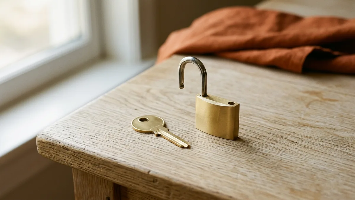 Brass key beside an open padlock on an oak table, standing for the decision rights a real staff engineer role should own