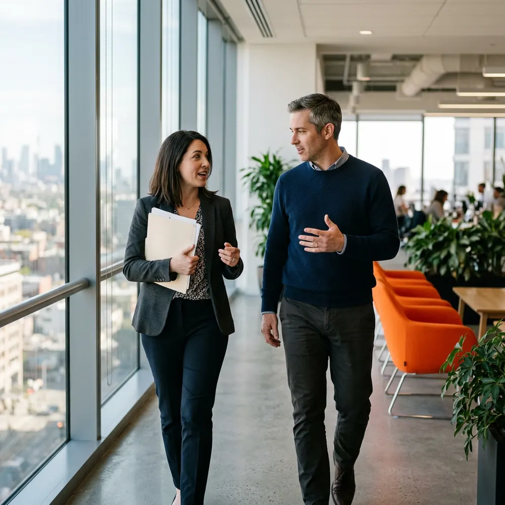 A staff engineer and an engineering manager talking through a decision while walking along a bright office corridor