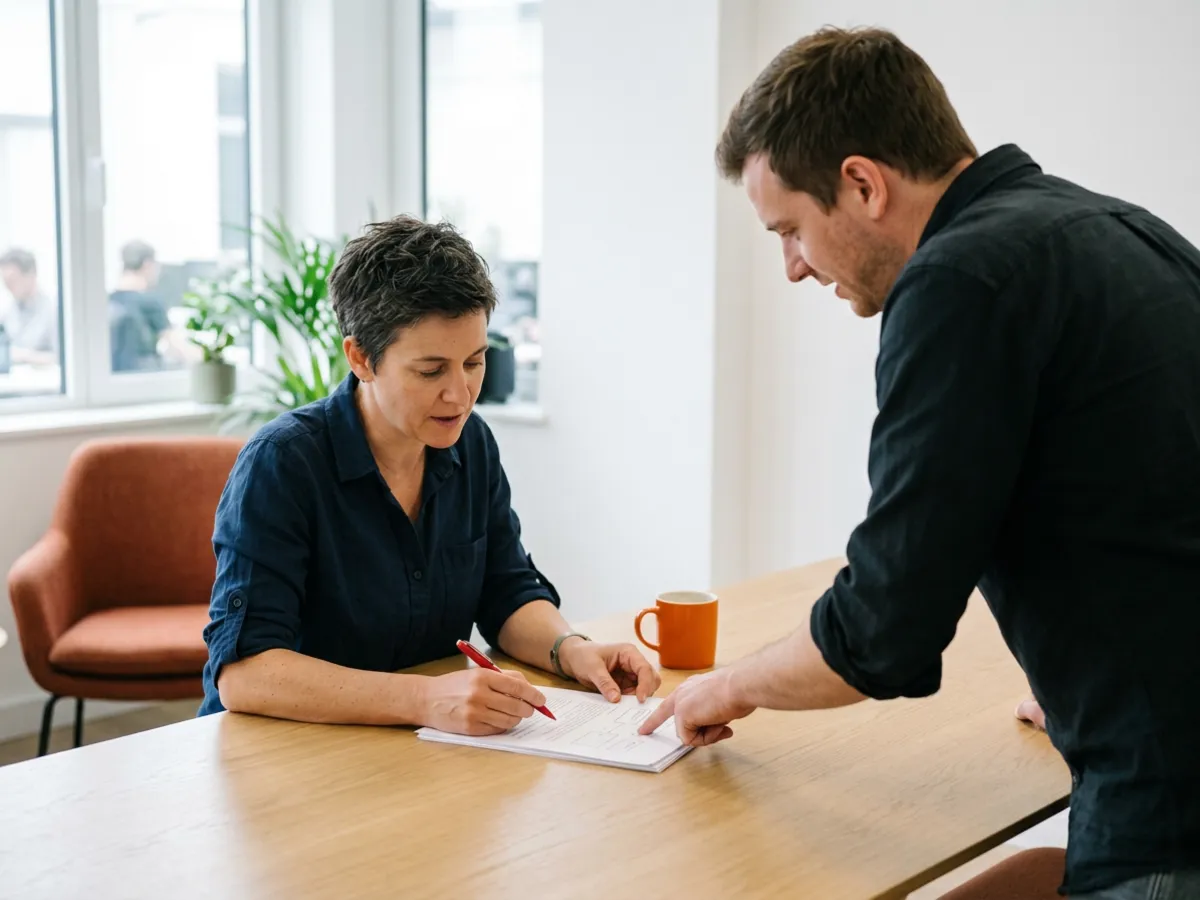 Staff engineer marking up a printed design document with a red pen while a colleague points to one section