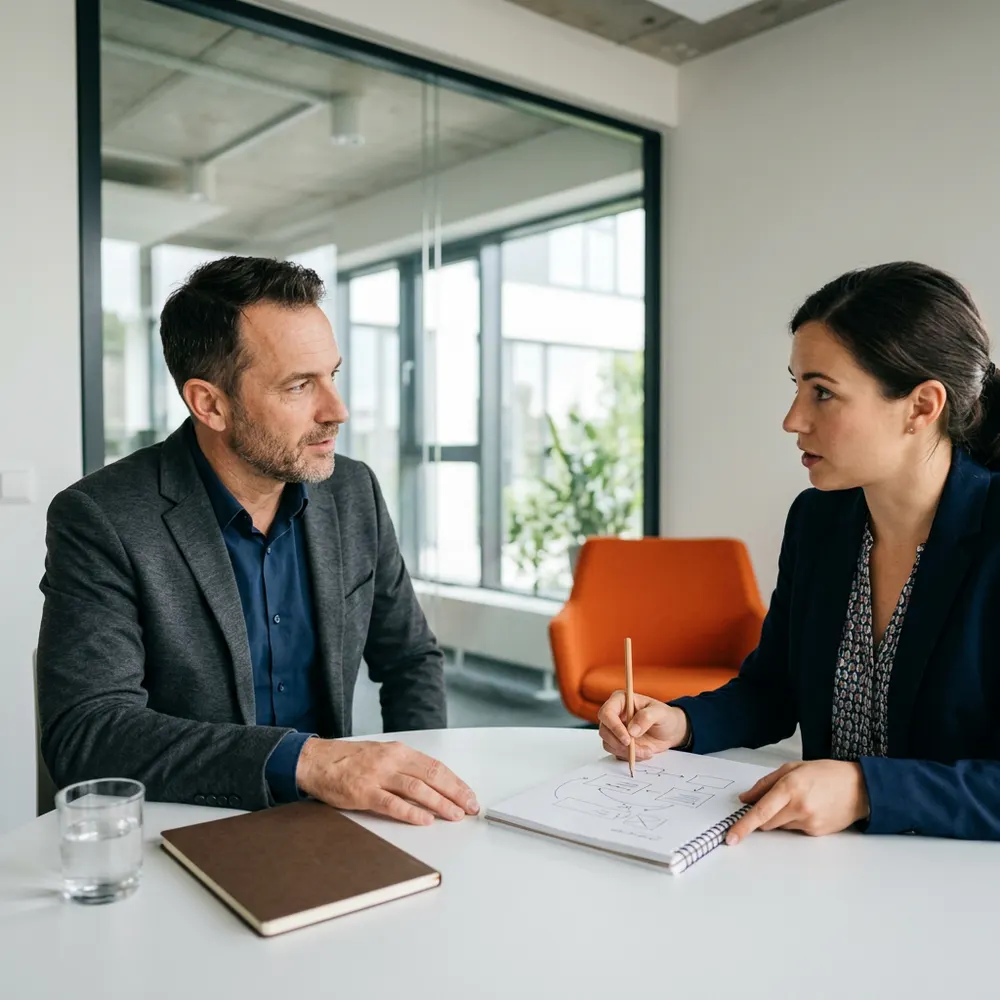 KORE1 senior engineer interviewing a staff engineer candidate who sketches a system design on a paper notepad