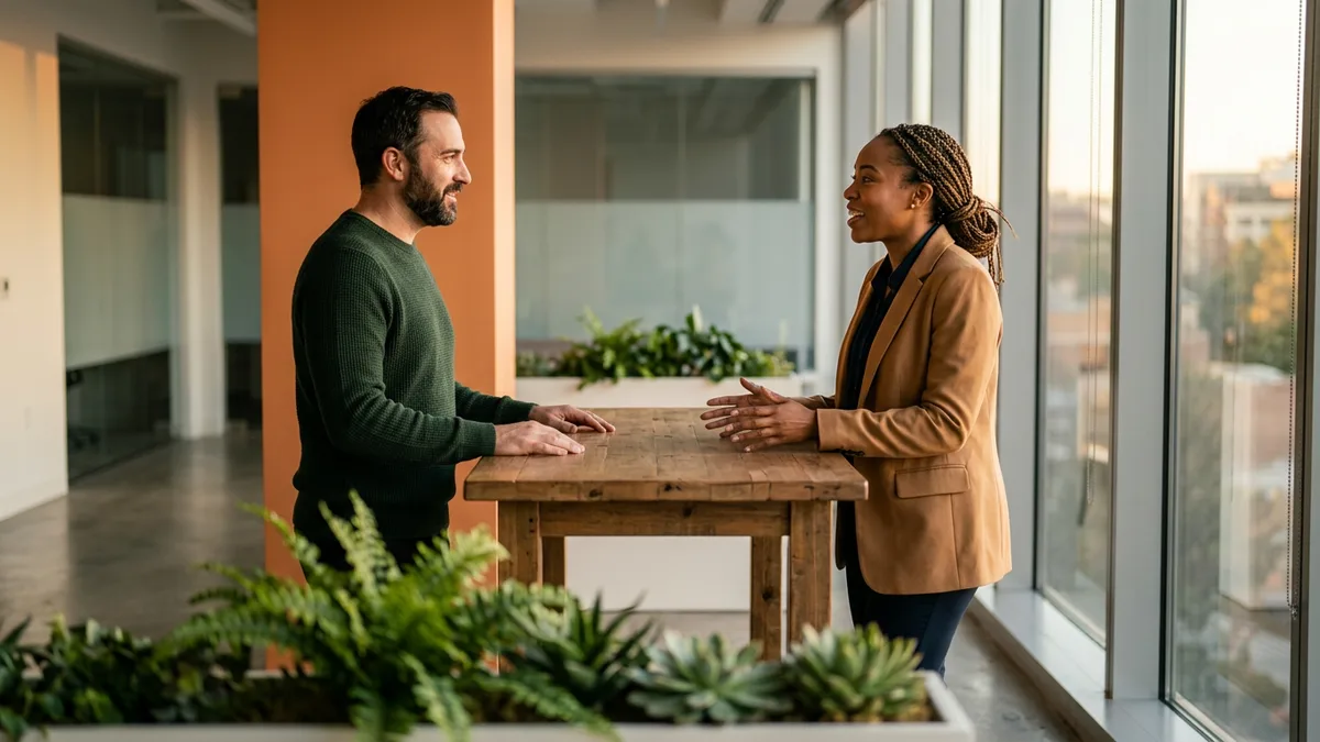 Two managers planning a staffing supplier panel transition and contractor handover at a standing table