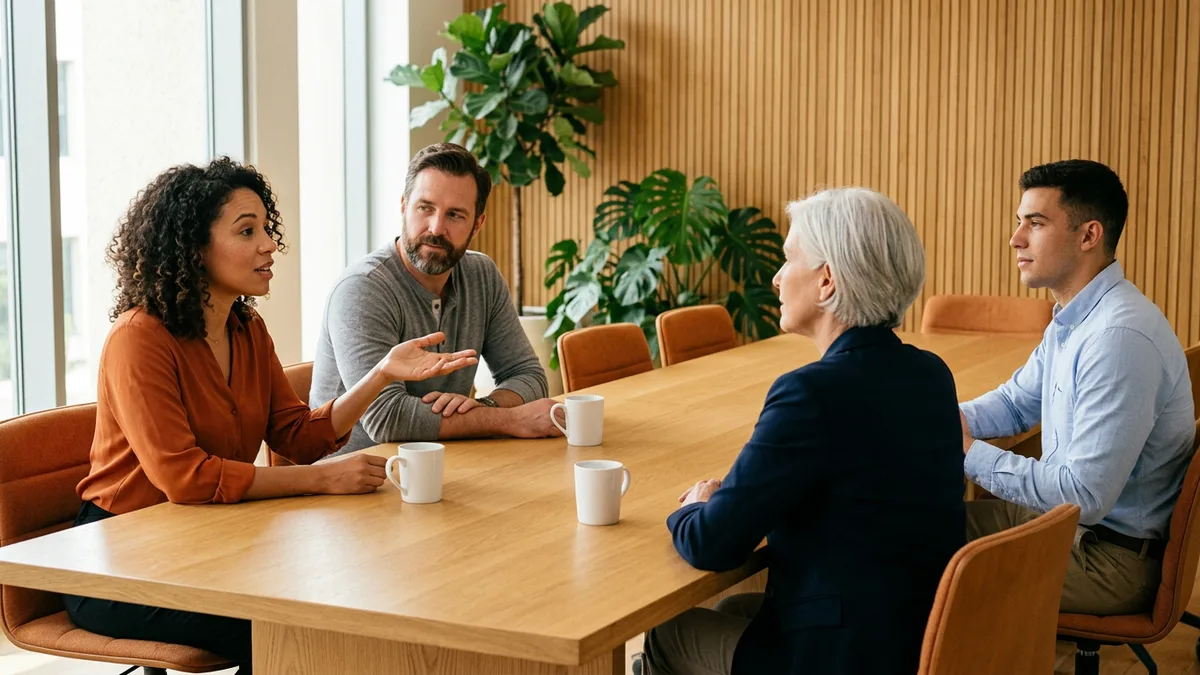 Sourcing and hiring team reviewing staffing vendor consolidation by job family in a conference room