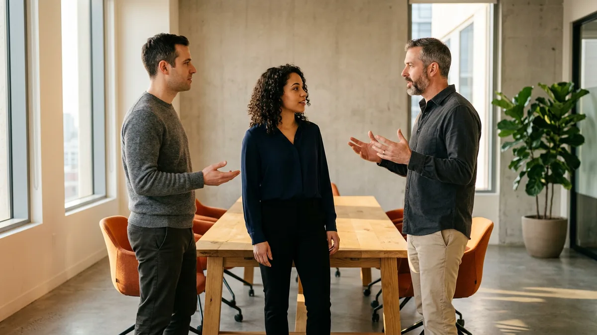 Three colleagues discussing a SuiteScript code review before merge in a meeting room