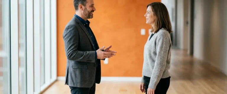 Two NetSuite consultants talking in an office corridor while deciding between SuiteScript and SuiteFlow