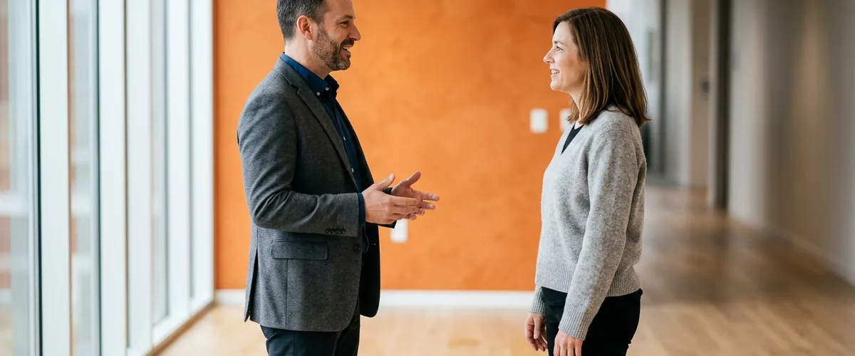 Two NetSuite consultants talking in an office corridor while deciding between SuiteScript and SuiteFlow