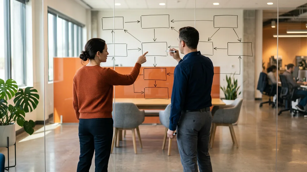 Two colleagues drawing workflow states and transitions on a glass wall before choosing SuiteFlow or SuiteScript