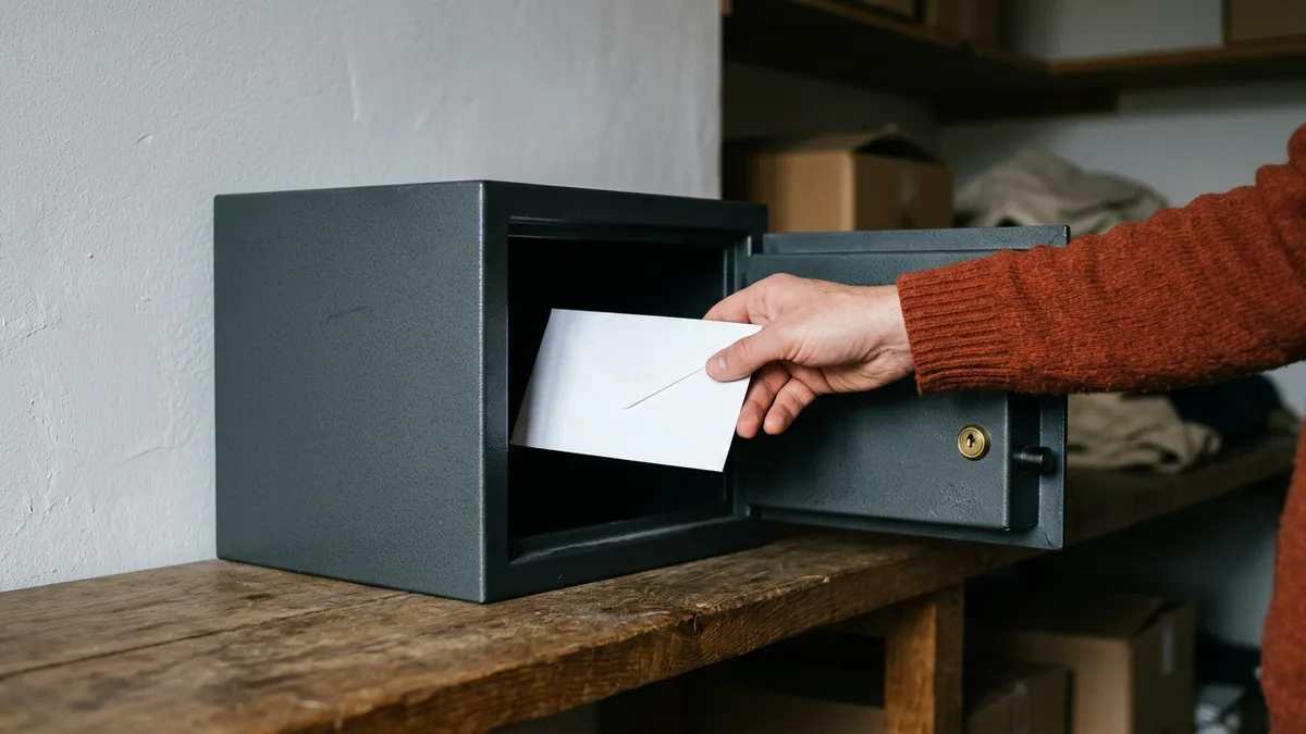 Hand placing a sealed envelope into a small fireproof safe, the way break-glass emergency access credentials should be stored