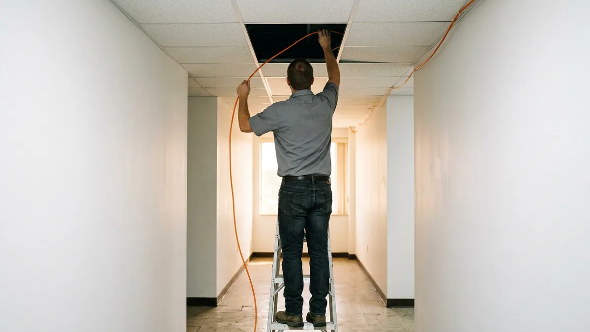 IT technician on a stepladder tracing an orange network cable through an open ceiling tile, practical work a sysadmin interview should probe