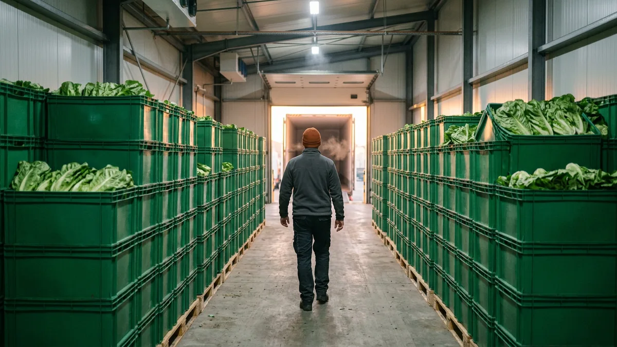 Worker walking down a cold-storage produce warehouse aisle, the kind of round-the-clock operation a systems administrator keeps running