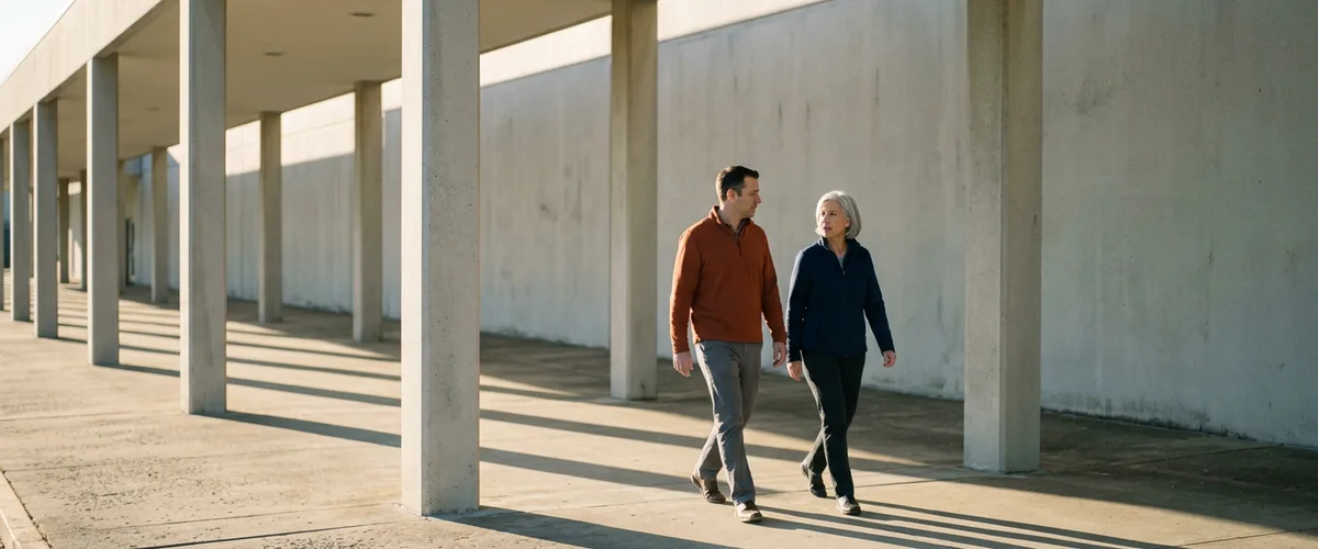 Two IT colleagues walking and talking along a covered concrete walkway, representing a systems administrator interview conversation