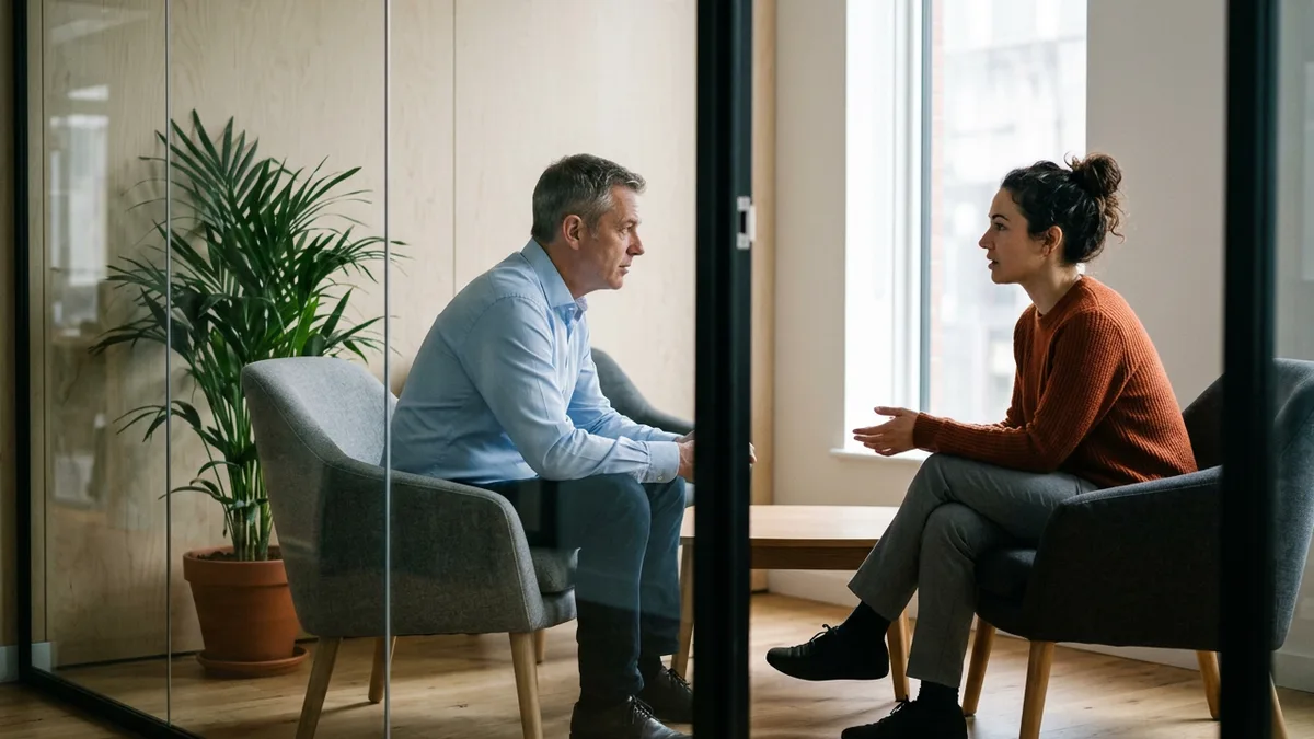 Hiring manager meeting one-on-one with a contract engineer to find out why the first weeks of her engagement stalled