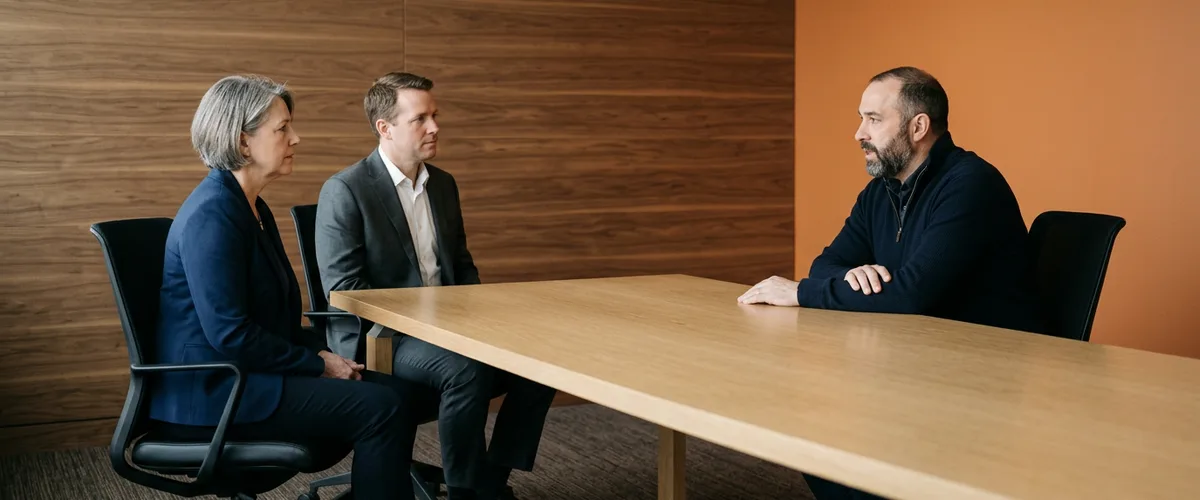 Two buy-side reviewers across a conference table from an engineering executive during a technical due diligence management interview