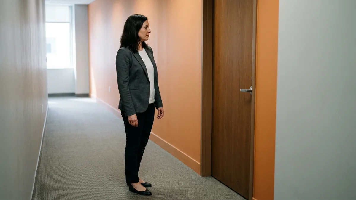 Engineering leader waiting outside a closed meeting room door before a technical due diligence interview with acquirers