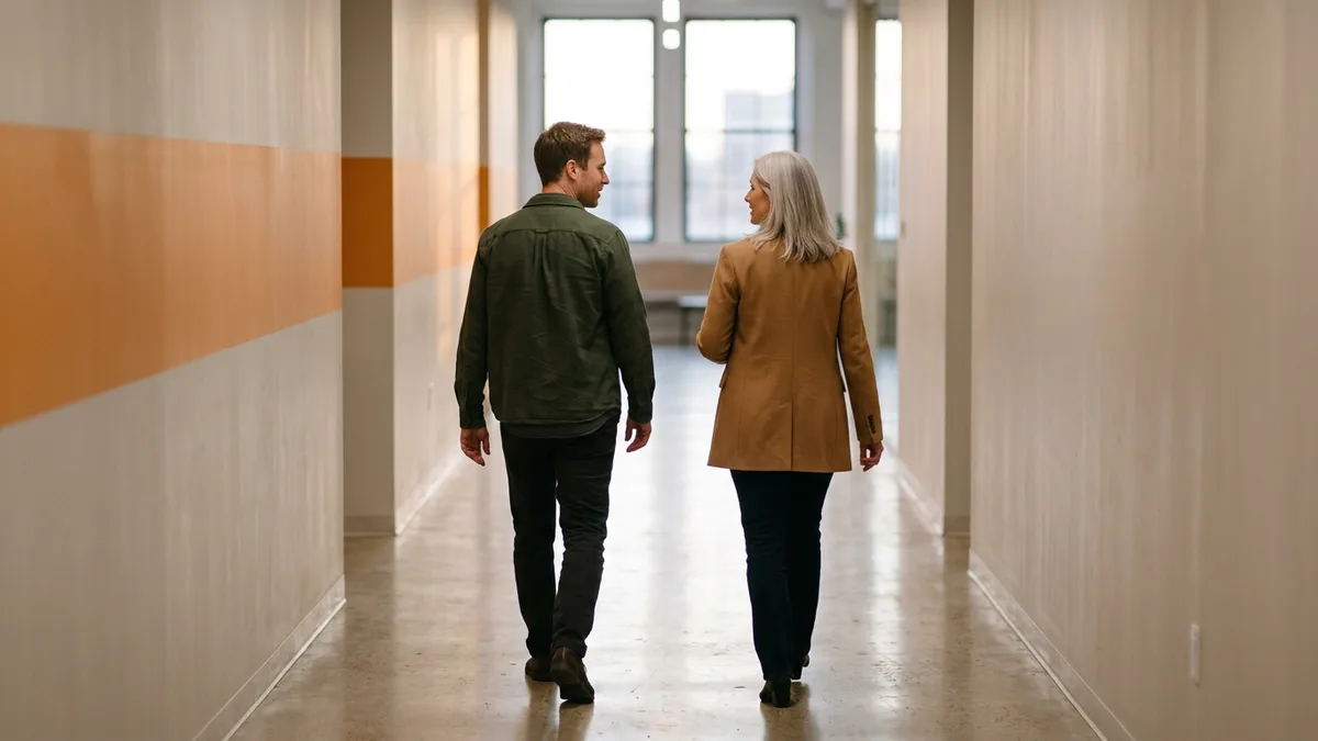 Two senior engineering leaders walking an office hallway while preparing their company for acquirer technical due diligence