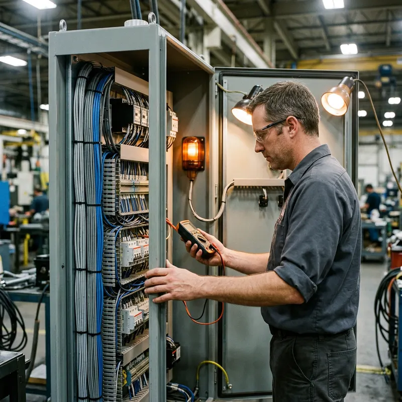 A contract controls engineer testing terminal blocks inside an open electrical cabinet during a temporary plant assignment