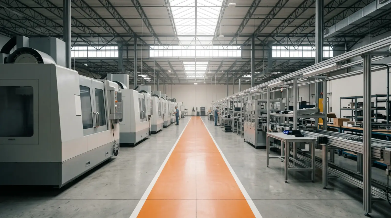 A manufacturing engineering floor with CNC enclosures and an assembly line during a defined-duration capital project