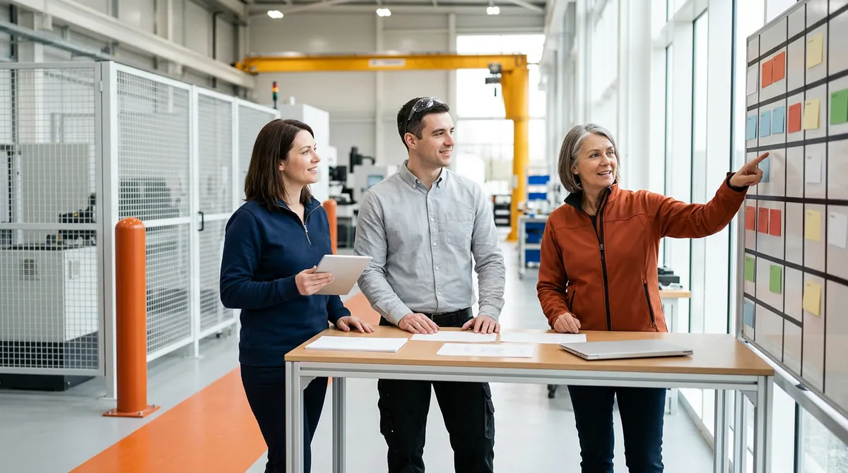 A KORE1 engineering recruiter and two plant engineers planning a defined-duration project assignment at a production cell