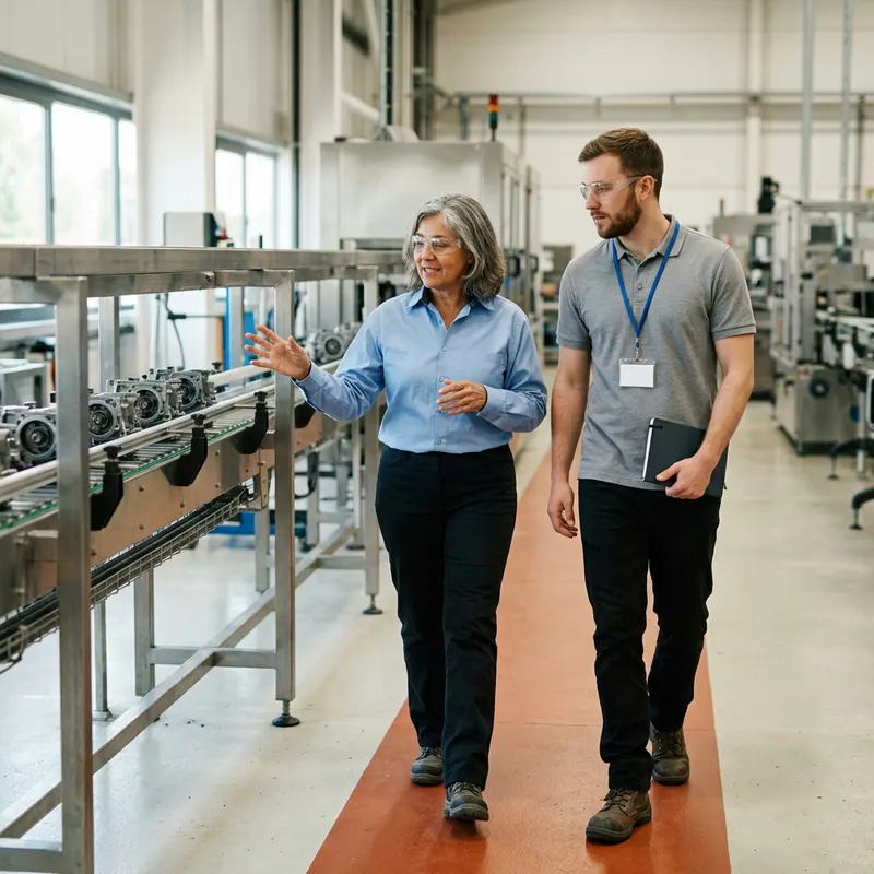 A plant engineer walking a newly placed temporary engineer down a production line on his first week onsite