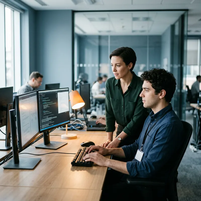 An IT lead reviewing system access with a newly onboarded temporary engineer at a workstation