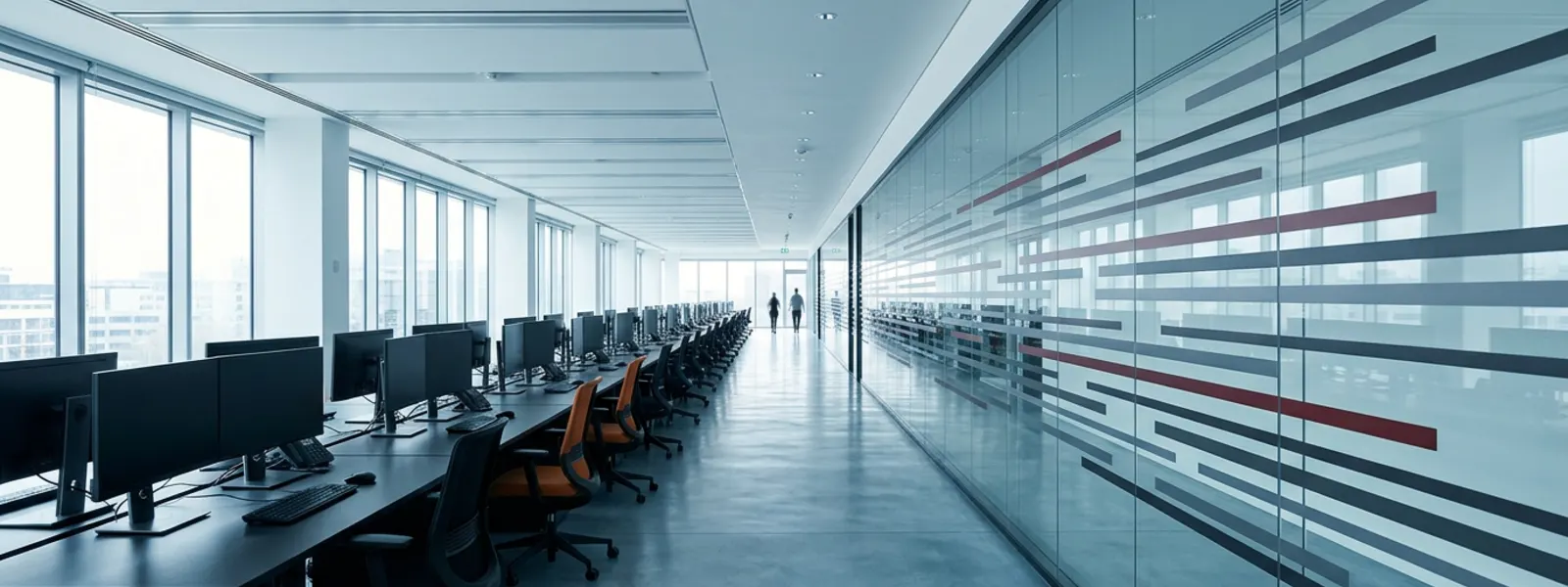 A bright IT operations room with a long planning wall showing overlapping coverage windows
