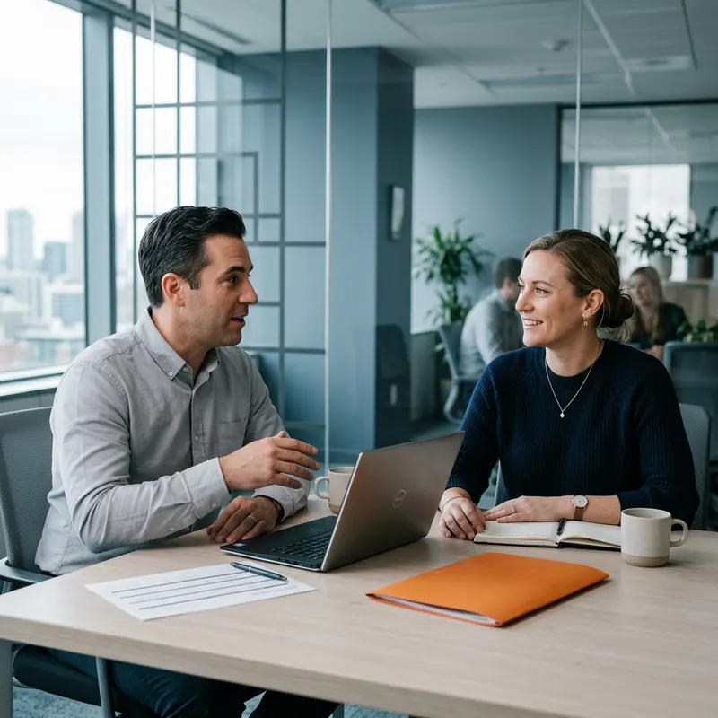 A KORE1 recruiter taking a temporary IT coverage brief from an engineering manager across a table