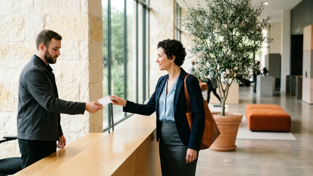 A contract professional receiving a blank visitor badge at the reception desk of an Austin office lobby with a limestone wall and a potted olive tree