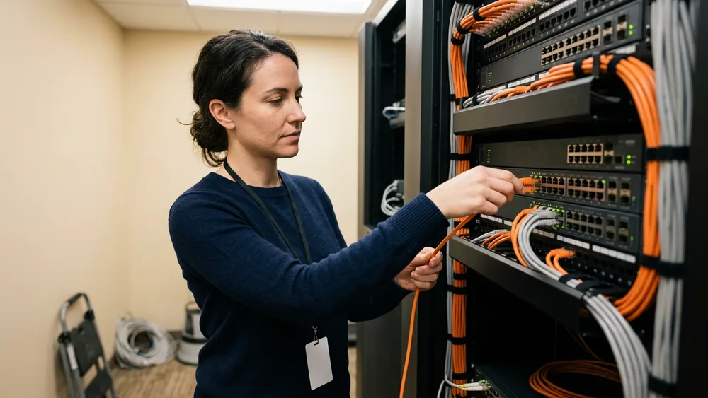 A temporary network engineer on her first morning at an Austin office, seating an orange patch cable into a network switch in an equipment rack
