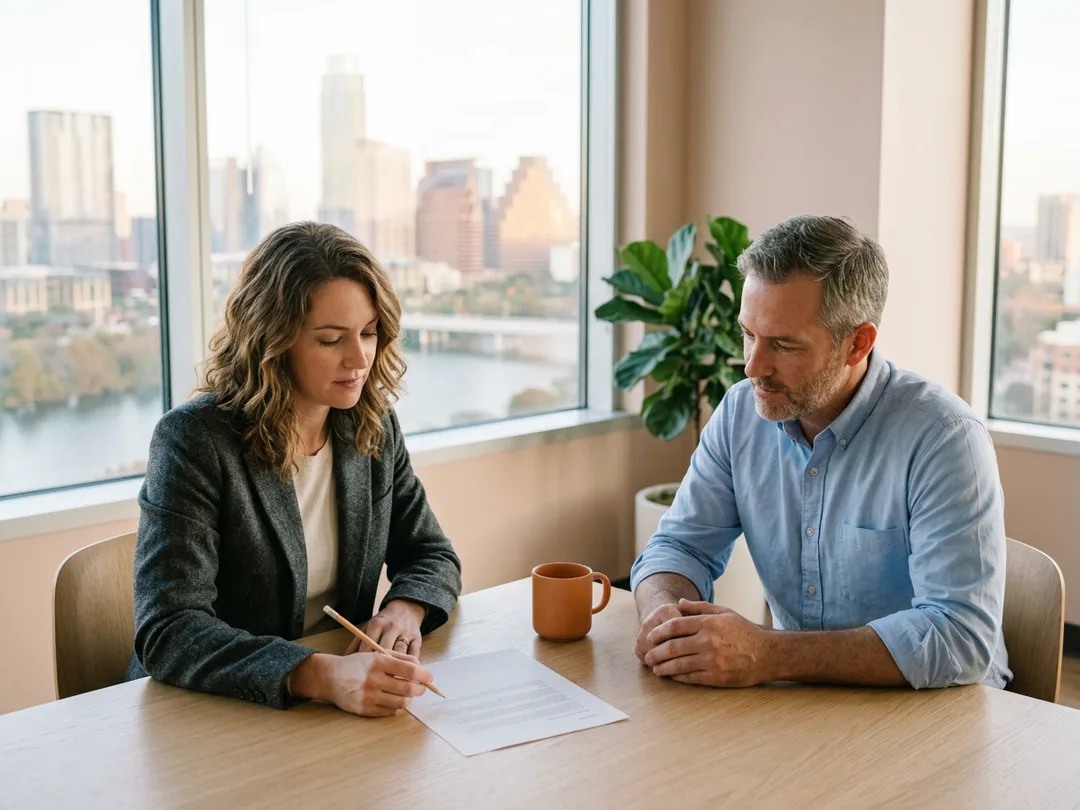 A KORE1 recruiter and an Austin hiring manager reviewing a printed résumé with pencil marks in the margin, with the downtown Austin skyline and Lady Bird Lake behind them