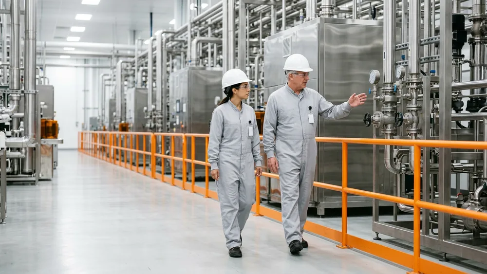Two engineers in hard hats and grey coveralls walking an equipment aisle beside an orange safety railing at a semiconductor supplier facility northeast of Austin