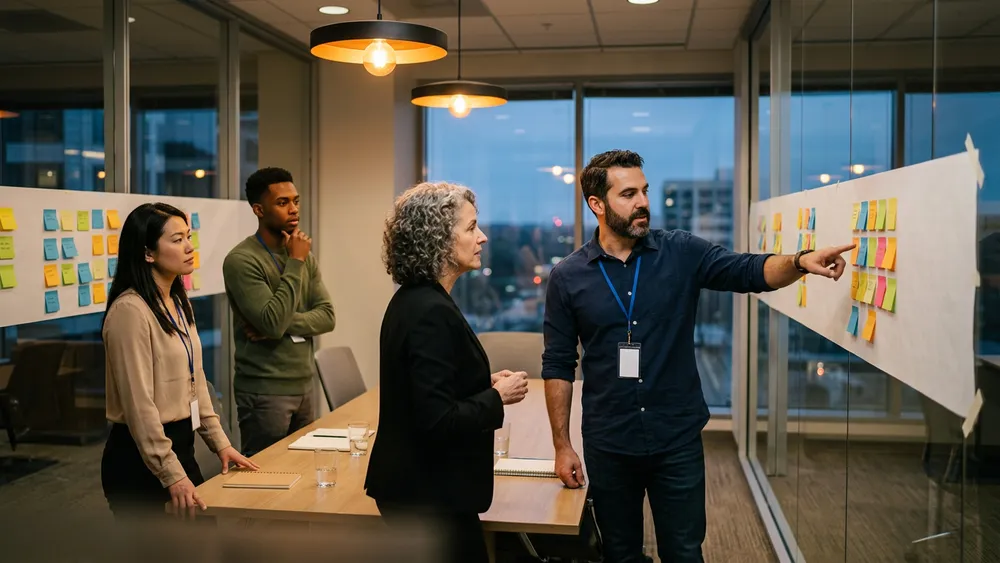 A Dallas project team reviewing a cutover schedule taped along a conference room wall with a contract IT specialist pointing at the go-live weekend