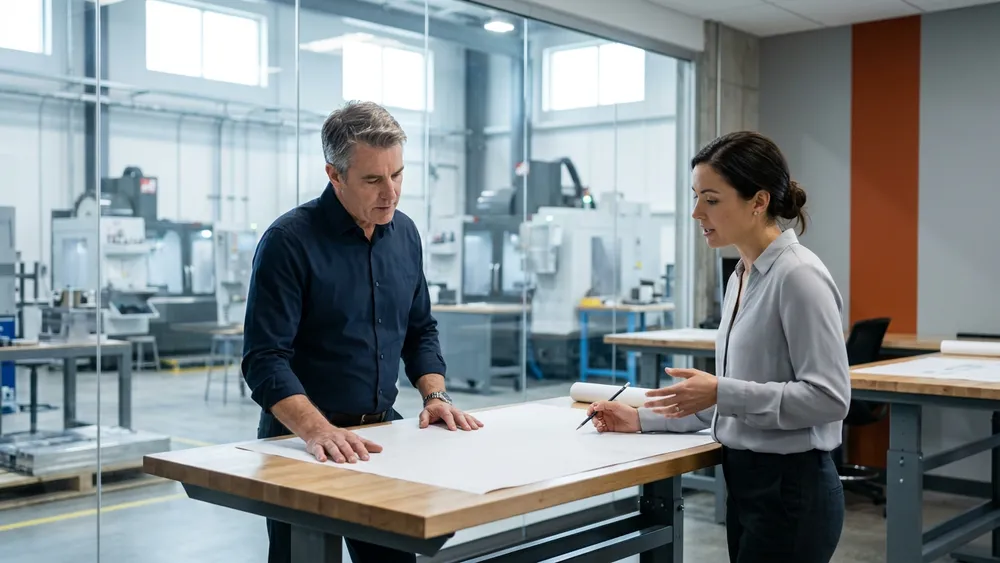 Two manufacturing engineers reviewing a drawing at a drafting table with a Fort Worth machine shop visible through the glass wall behind them