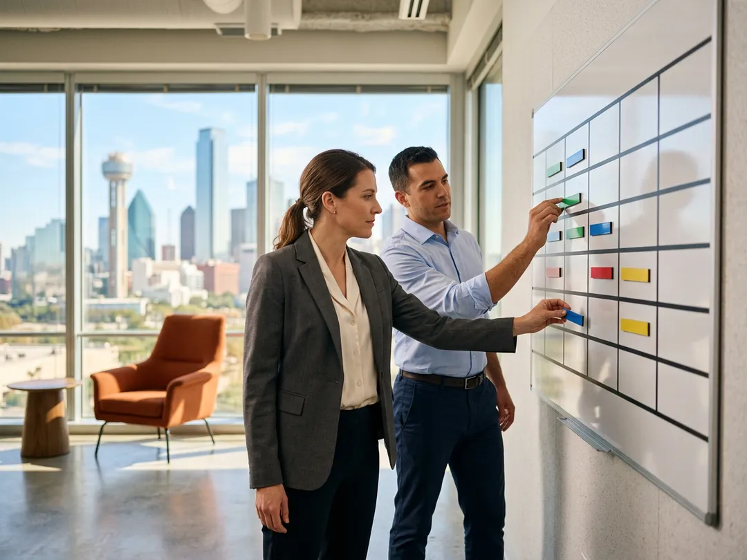 A KORE1 recruiter and a Dallas hiring manager placing coverage blocks of different lengths on a planning board with the downtown Dallas skyline behind them