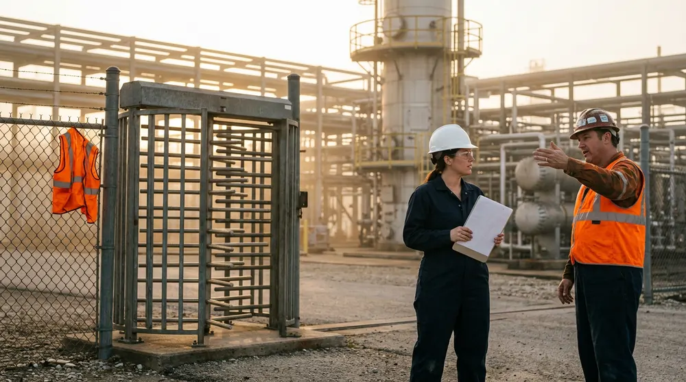 A turnaround planner in flame-resistant coveralls and a hard hat listening to a safety coordinator at a refinery unit gate near the Houston Ship Channel at sunrise