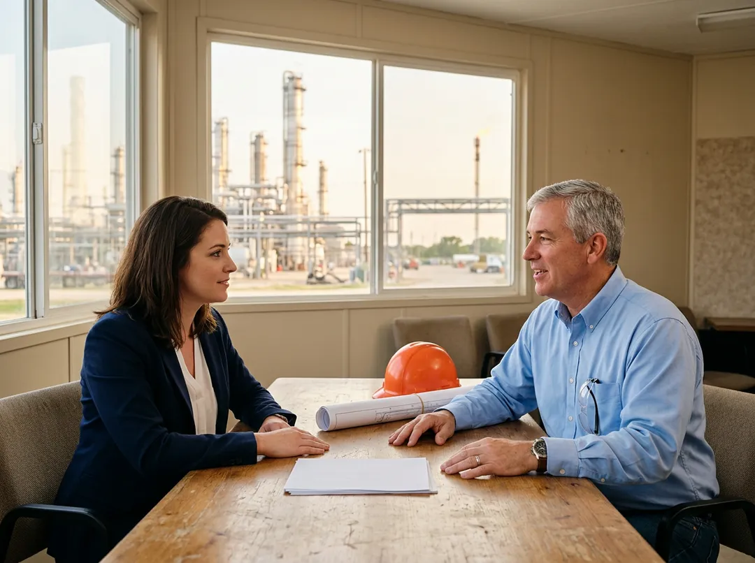 A KORE1 recruiter and a Houston refinery engineering manager talking over printed plans in a site office, with distillation towers visible through the window