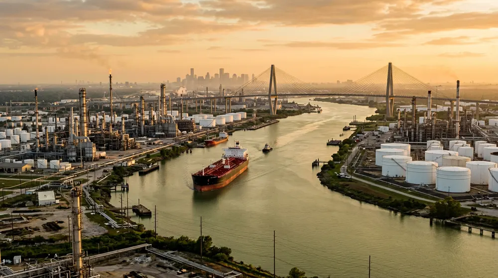 The Houston Ship Channel at golden hour with a tanker passing refineries and storage tanks, a cable-stayed bridge and the downtown Houston skyline in the distance