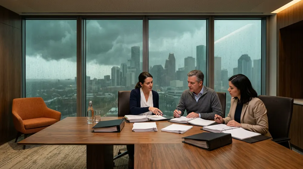Three finance professionals reviewing printed binders in a downtown Houston high-rise conference room while storm clouds and heavy rain cover the skyline