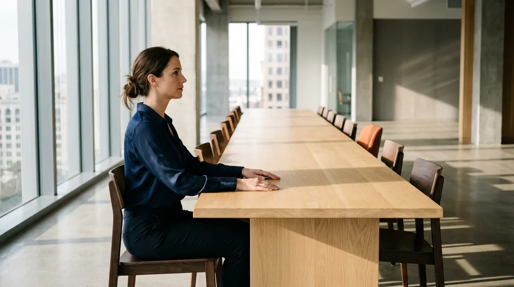 A temporary senior accountant seated in profile at a long empty table in a bright downtown Los Angeles finance office early in the morning