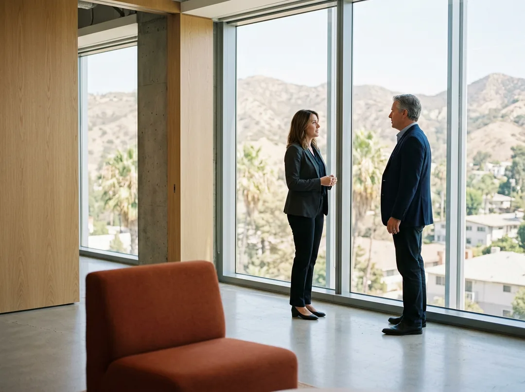 A KORE1 recruiter and a Los Angeles hiring manager talking beside a floor-to-ceiling window with the dry chaparral foothills and palms of LA behind them