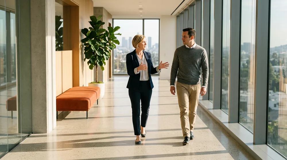 Two Los Angeles colleagues walking and talking along a sunlit office corridor with the city skyline visible through tall windows