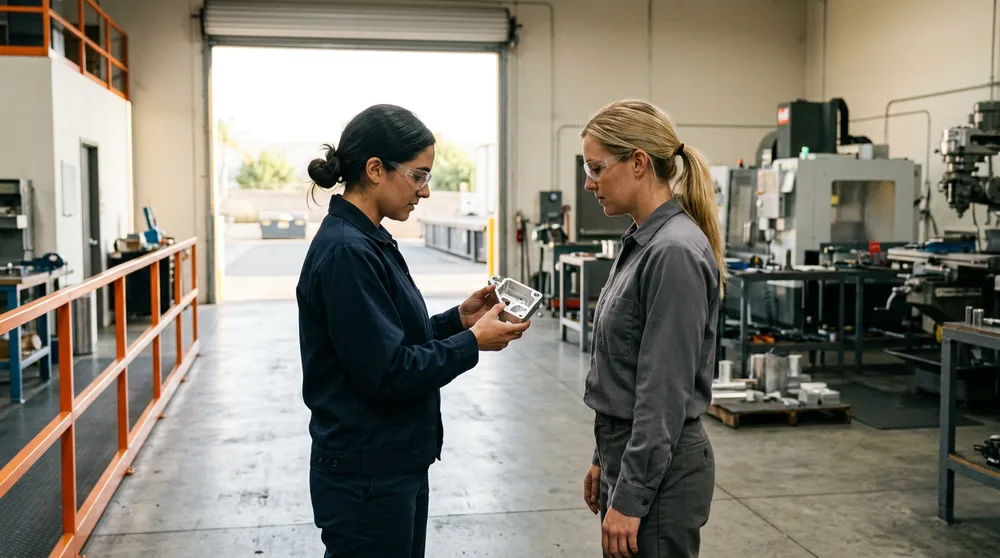Two manufacturing engineers in safety glasses examining a machined aluminium bracket on a San Fernando Valley machine shop floor with a roll-up door open to daylight