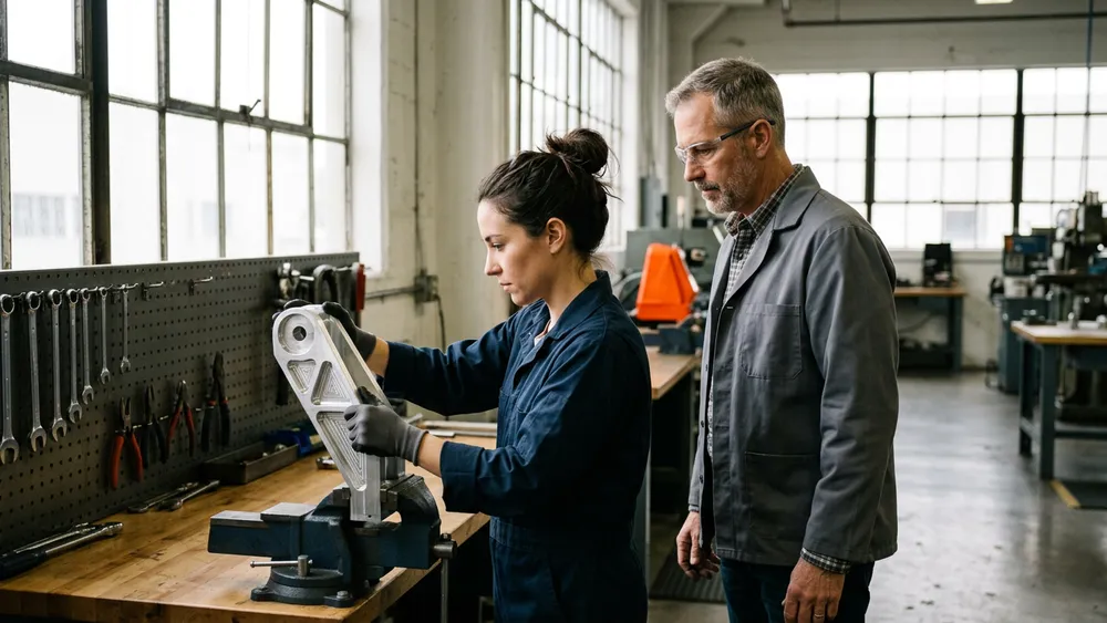 Two aerospace manufacturing engineers at a workbench inspecting a machined aluminium bracket in an Anaheim machine shop