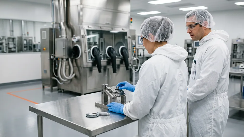 Two quality engineers in cleanroom gowning inspecting a machined implant component at a stainless bench in an Irvine medical device manufacturing suite