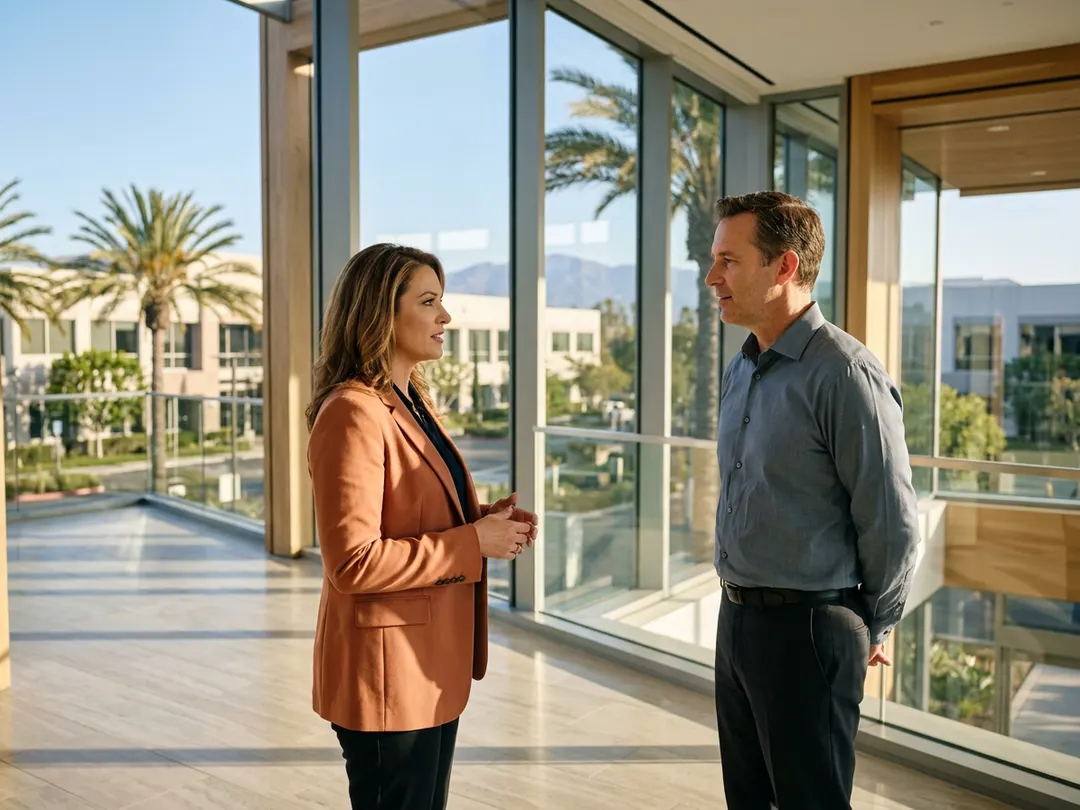 A KORE1 recruiter and an Orange County hiring manager talking in a glass-walled Irvine office building with palms and the Saddleback ridge visible outside