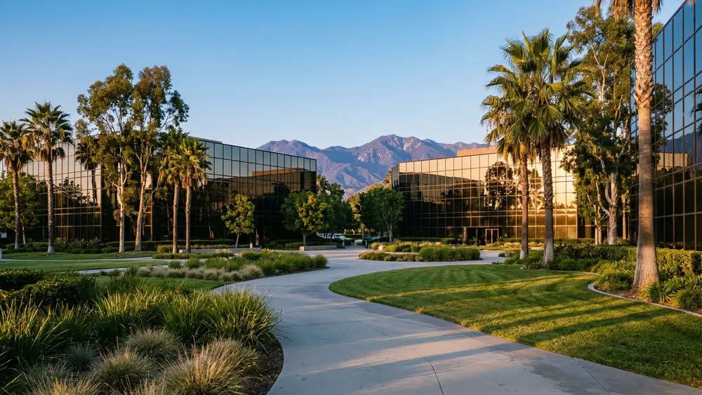 An Orange County business park at golden hour with mirror-glass low-rise offices, mature palms and the Saddleback ridgeline behind