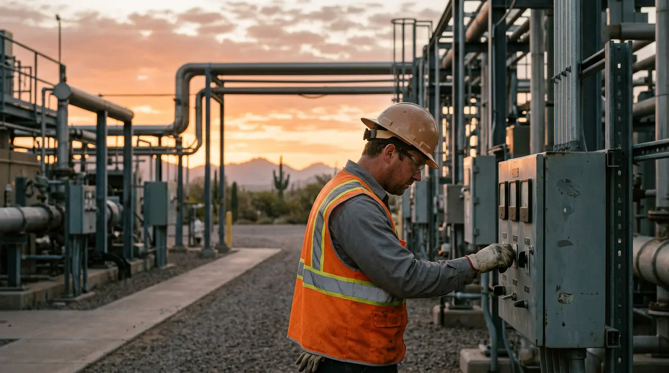 A field engineer in a safety vest checking equipment readouts on an outdoor industrial site in Phoenix Arizona at sunrise with the desert sky glowing orange