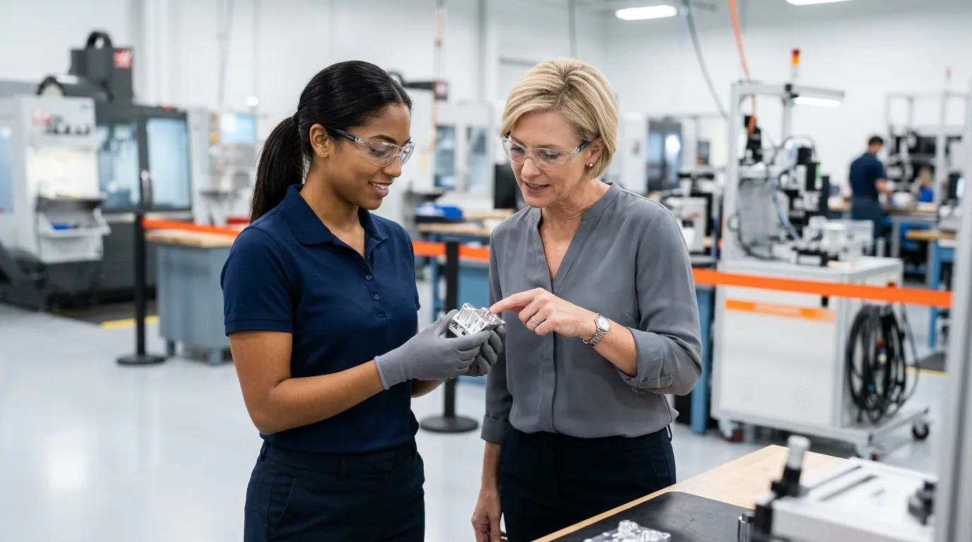 Two manufacturing engineers in safety glasses reviewing a machined component on a Chandler Arizona semiconductor supplier's shop floor