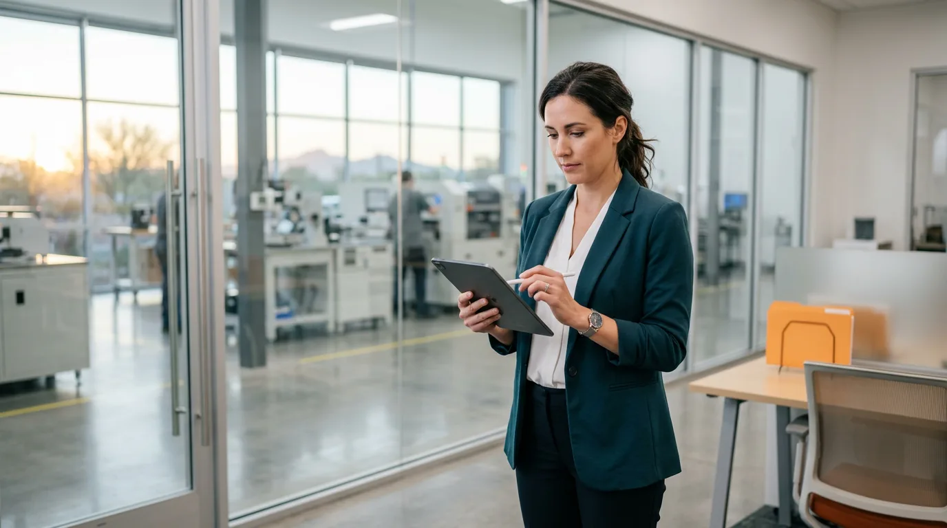 A documentation coordinator reviewing equipment qualification paperwork on a tablet inside a bright Chandler Arizona manufacturing office early in the morning