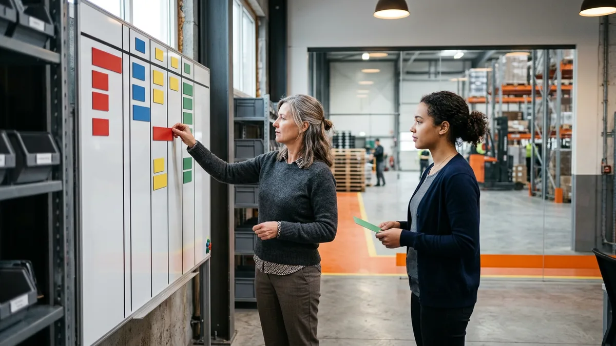 Operations manager and coordinator arranging temporary staffing coverage on a planning board beside a warehouse floor