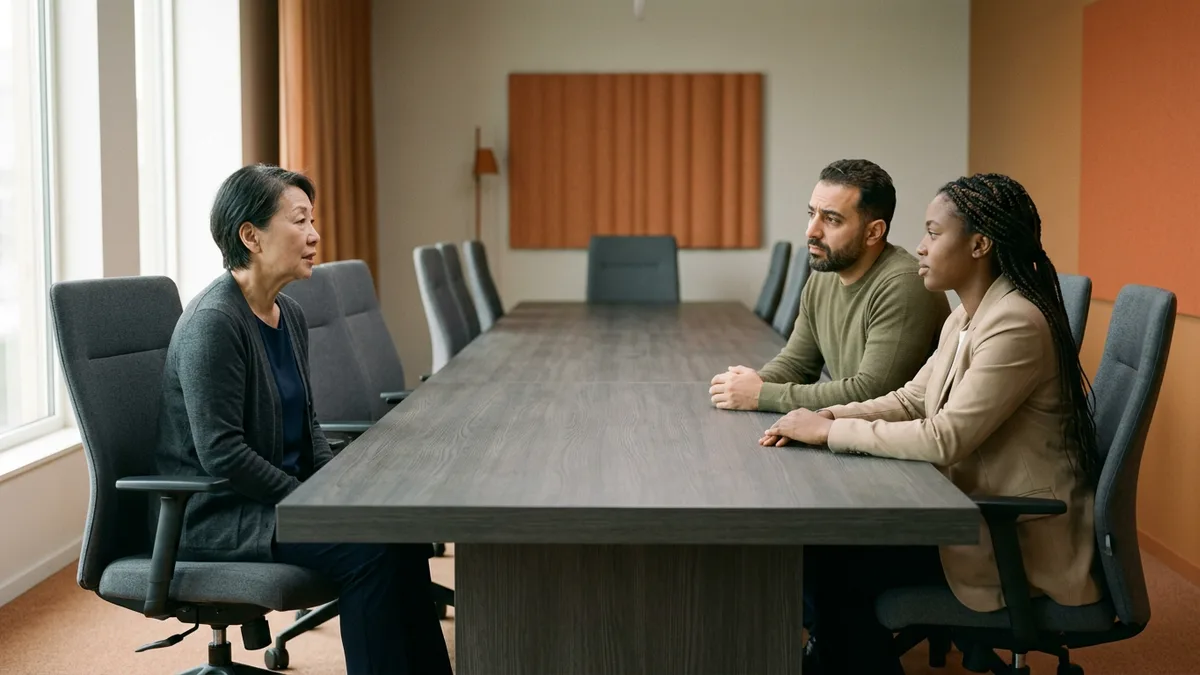 Three colleagues in a bare meeting room working out usable time zone overlap hours for a distributed engineering team
